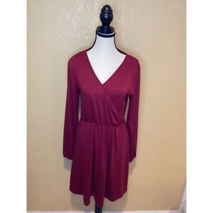 Leadingstar Women Burgundy Long Sleeve Elastic Waist V-Neck Fit Flare Dress, Med